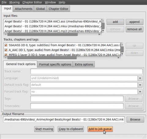 mkvmerge GUI с выбранными файлами